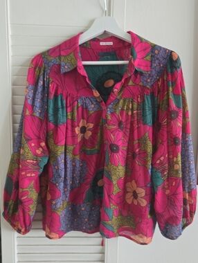 Mother By Anthropology Oversized Bright  Floral Button-Front Women's Top Size M
